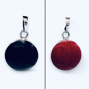 Vintage Sterling Silver MEXICO Black‎ Onyx Red Coral Reversible Necklace Pendant